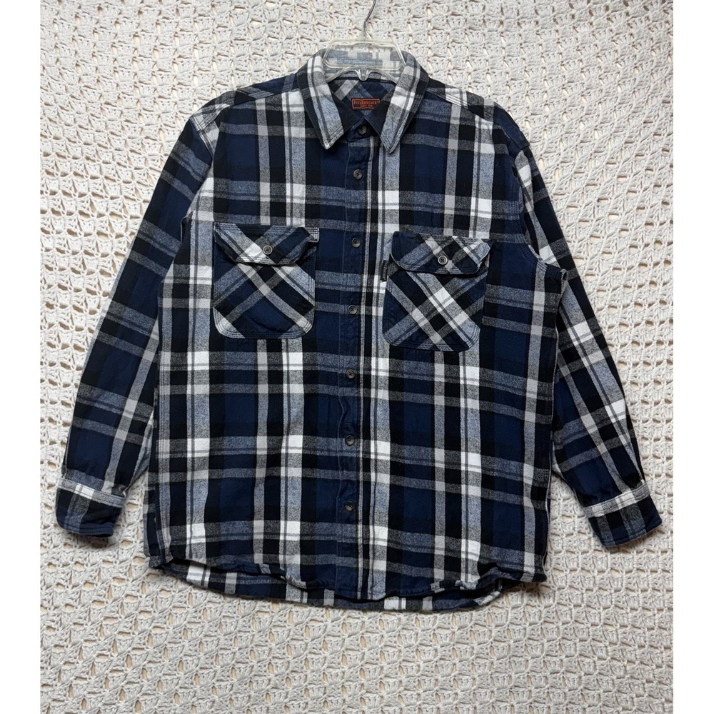 Five Brother Heavy Flannel Shirt Men's L Regular Navy Blue Black Plaid  Pockets